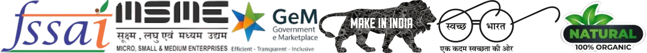 FSSAI, MSME, GeM Government e Marketplace, Make in India, Swachh Bharat and Natural 100% Organic certifications associated with Gaudhuli Parivaar